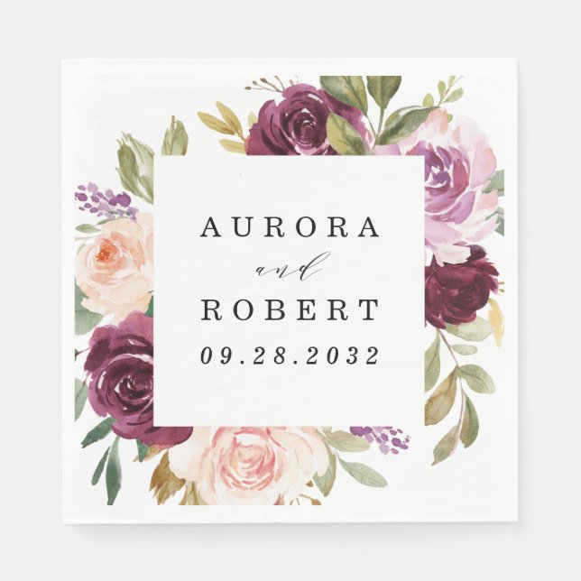 Burgundy Blush Pink Peach Gold Floral Boho Wedding Napkin (Front)