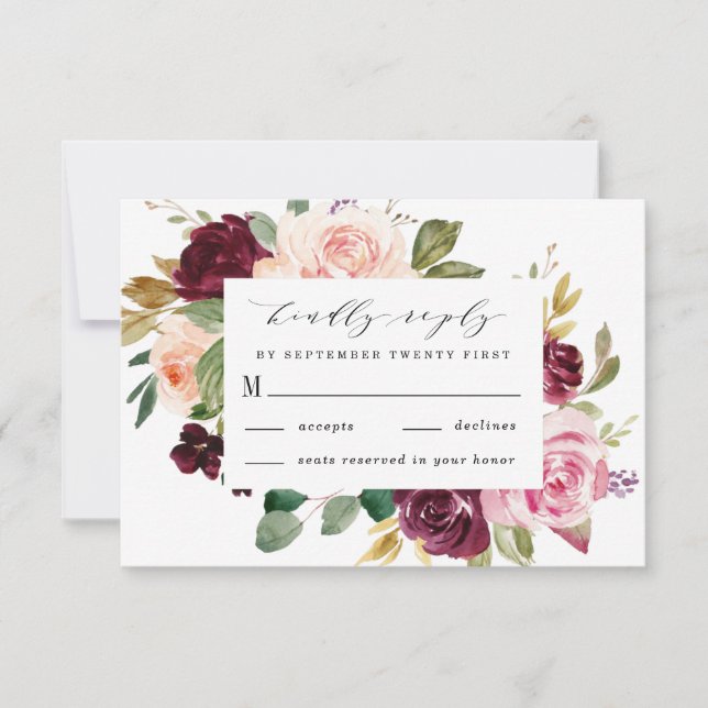 Burgundy Blush Pink Peach Gold Floral Boho Wedding RSVP Card (Front)