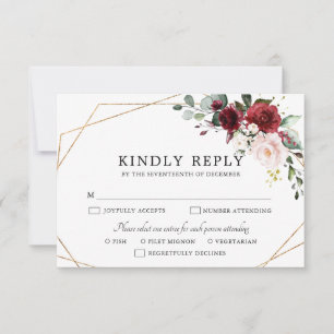 Burgundy Blush Pink Rose Boho Geometric Wedding RSVP Card