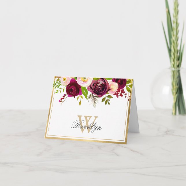Burgundy Blush Pink Rose Floral Monogram Note Card (Front)