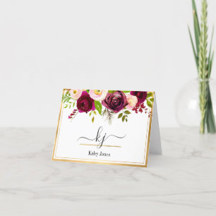 Burgundy Blush Pink Rose Floral Monogram Note Card
