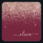Burgundy Blush Pink Rose Gold Glitter Monogram Square Sticker<br><div class="desc">Rose Gold - Blush Pink and Burgundy Sparkle Glitter Brushed Metal Monogram Name Paper Party Sticker Address Labels. This makes the perfect sweet 16 birthday,  wedding,  bridal shower,  anniversary,  baby shower or bachelorette party gift for someone that loves glam luxury and chic styles.</div>