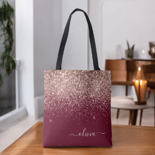 Burgundy Blush Pink Rose Gold Glitter Monogram Tote Bag