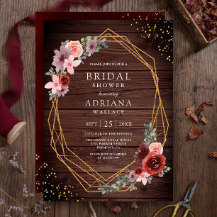 Burgundy Blush Pink Roses Barn Wood Bridal Shower Invitation
