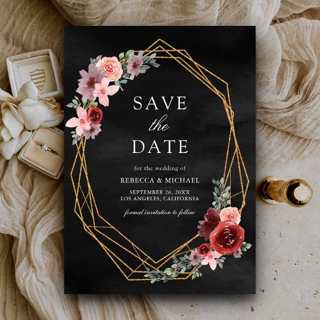 Burgundy Blush Pink Roses Black Wedding Save The Date (Creator Uploaded)