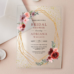 Burgundy Blush Pink Roses Geometric Bridal Shower Acrylic Invitations