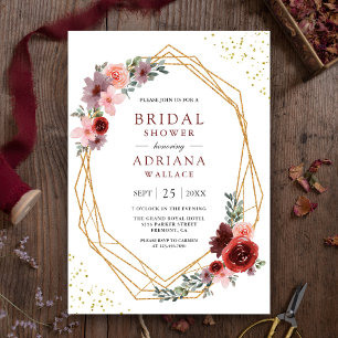 Burgundy Blush Pink Roses Geometric Bridal Shower  Invitation