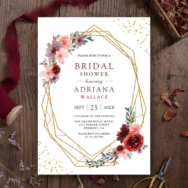 Burgundy Blush Pink Roses Geometric Bridal Shower  Invitation (Creator Uploaded)
