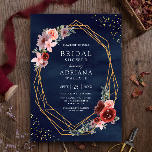 Burgundy Blush Pink Roses Navy Blue Bridal Shower  Invitation