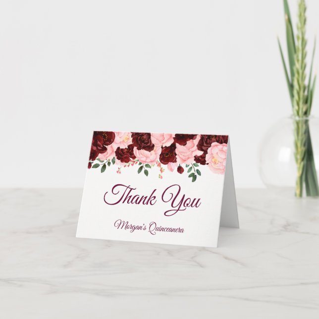 Burgundy Blush Pink Roses Quinceanera Thank You Card (Front)