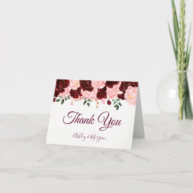 Burgundy & Blush Pink Roses Wedding Thank You Card (Front)