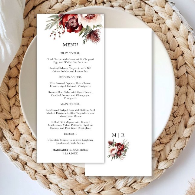Burgundy Blush Pink Rustic Floral Wedding Menu (Creator Uploaded)