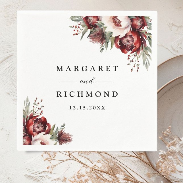 Burgundy Blush Pink Rustic Floral Wedding Paper Napkin (Creator Uploaded)