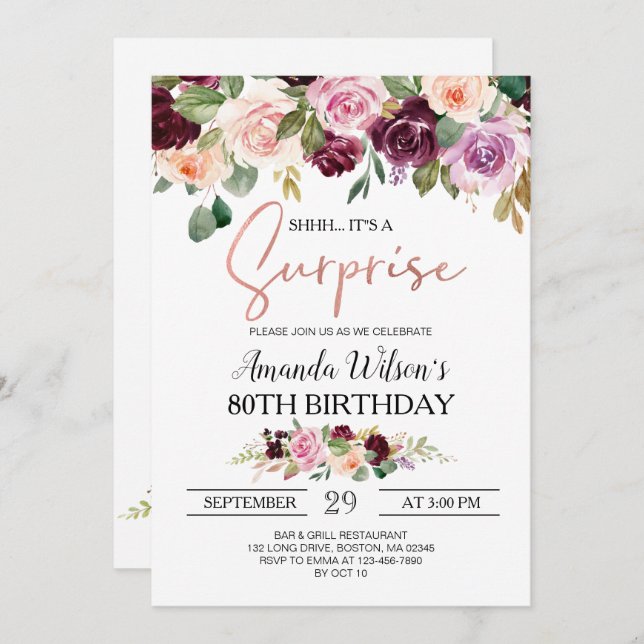 Burgundy Blush Pink Script Surprise Birthday Party Invitation (Front/Back)