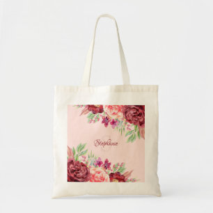 Burgundy Blush PInk Watercolor Floral Monogram Tote Bag