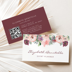 Burgundy Blush Pink Watercolor Floral QR Code Business Card