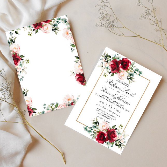 Burgundy & Blush Pink Watercolor Floral Wedding In Invitation (Creator Uploaded)