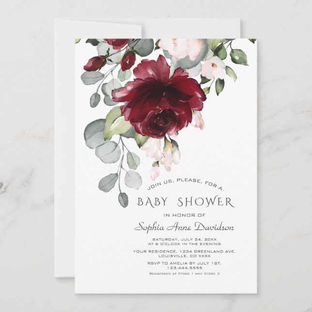 Burgundy Blush Pink Watercolor Flowers Baby Shower Invitation (Front)