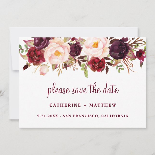 Burgundy Blush Pink Wedding Save the Date (Front)