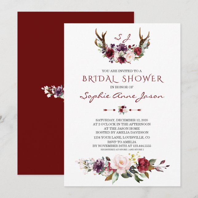 Burgundy Blush Plum Floral Antlers Bridal Shower Invitation (Front/Back)