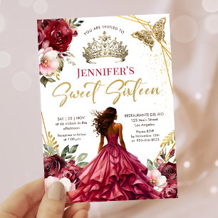 Burgundy Blush Princess Tiara Floral Sweet 16 Invitation