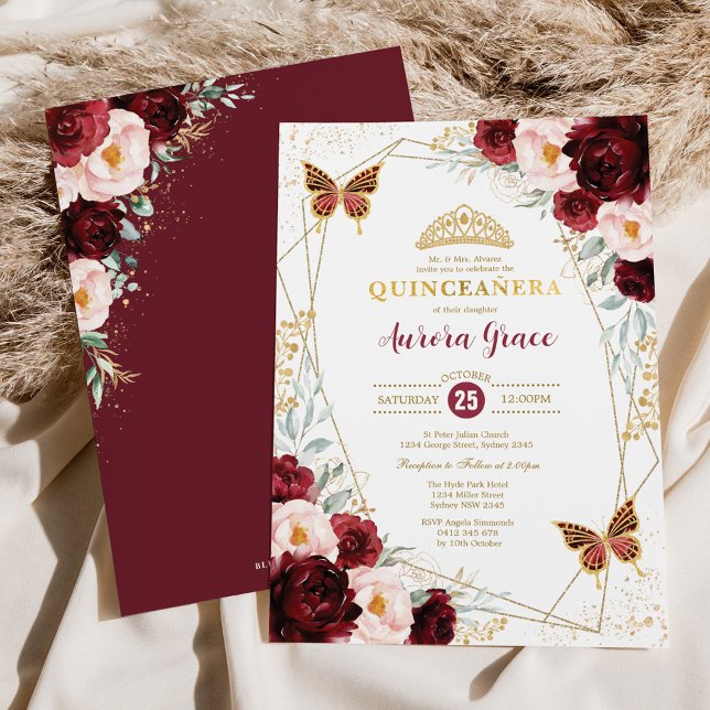Burgundy Blush Quinceañera Butterflies Geometric Invitation (Creator Uploaded)