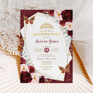 Burgundy Blush Quinceañera Butterflies Mis Quince Invitation
