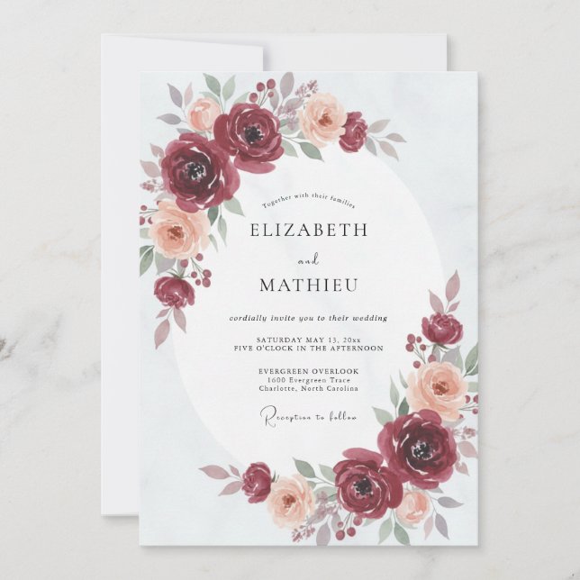 Burgundy Blush Ranunculus Eucalyptus Wedding Invitation (Front)