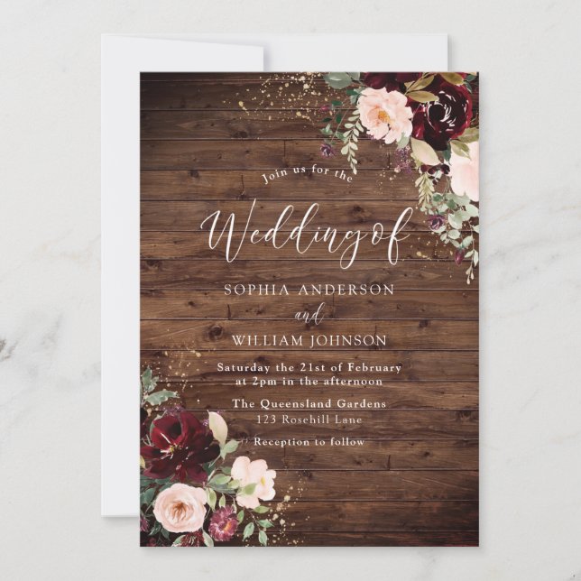 Burgundy Blush Red Wine Floral Fall Wedding Invitation (Front)