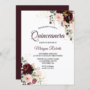 Burgundy Blush Red Wine Floral Quinceanera Party Invitation