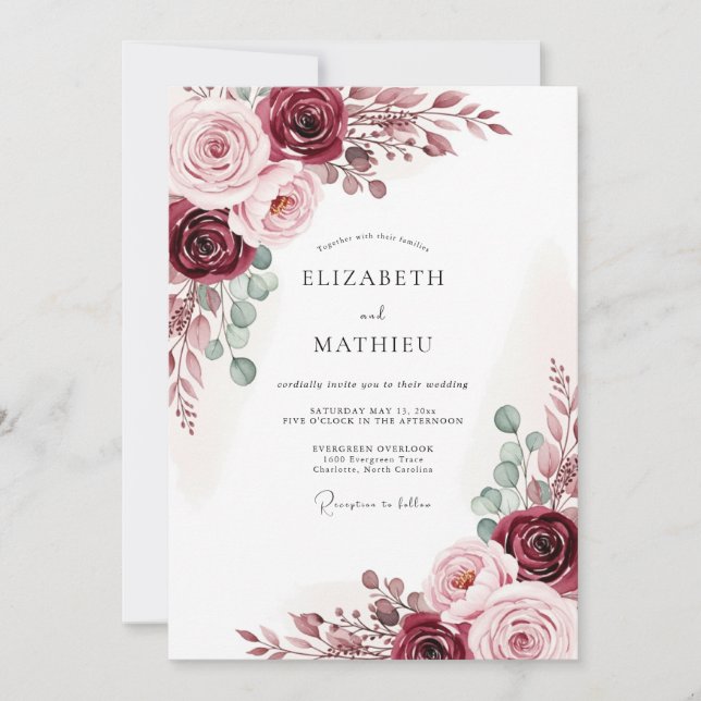 Burgundy Blush Romantic Autumn Wedding Invitation (Front)