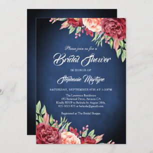 Burgundy Blush Rose Floral Navy Bridal Shower Invitation