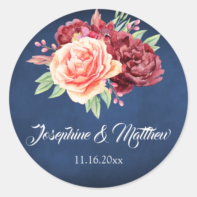 Burgundy Blush Rose Floral Navy Chalkboard Wedding Classic Round Sticker (Front)