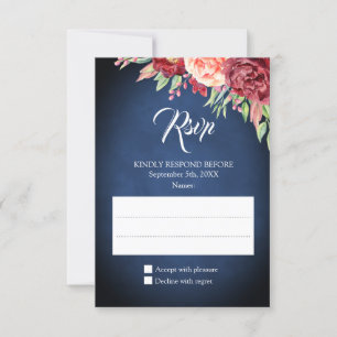 Burgundy Blush Rose Floral Navy Chalkboard Wedding RSVP Card