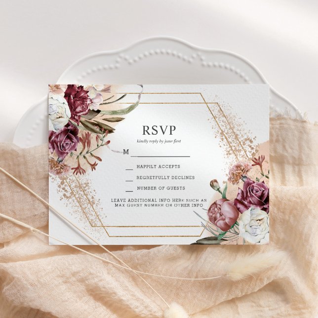 Burgundy, Blush & Rose Gold Elegant Boho RSVP Invi Invitation (Creator Uploaded)