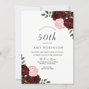 Burgundy Blush Roses 50th Birthday Party Invitation