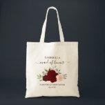 Burgundy Blush Roses Elegant Maid of Honor Wedding Tote Bag<br><div class="desc">These beautiful tote bags are a wonderful way to thank your maid of honor for being part of your wedding party. The design features a lovely boho chic floral cluster of hand painted watercolor roses in shades of burgundy, red, and blush pink, surrounded by sprigs of eucalyptus leaves and garden...</div>