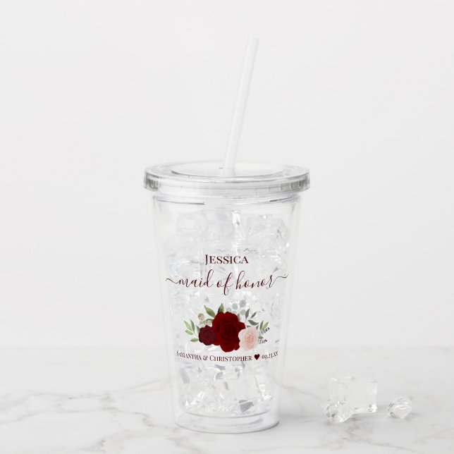 Burgundy Blush Roses Elegant Maid of Honour Weddin Acrylic Tumbler (Back Ice)