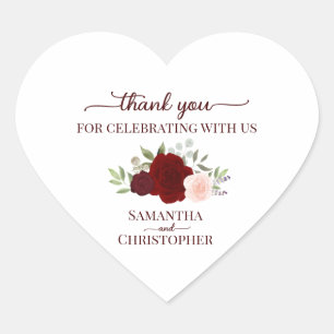 Burgundy Blush Roses Elegant Wedding Thank You Heart Sticker