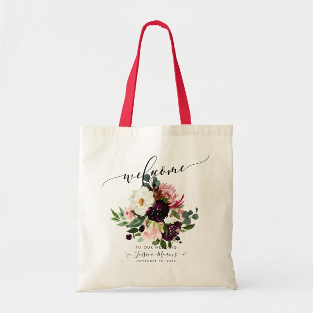 Burgundy+Blush Roses, Watercolor Flowers Welcome Tote Bag (Front)