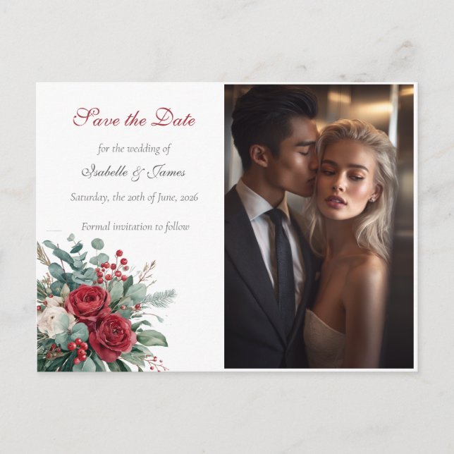Burgundy & Blush Roses Wedding Save the Date Announcement Postcard (Front)