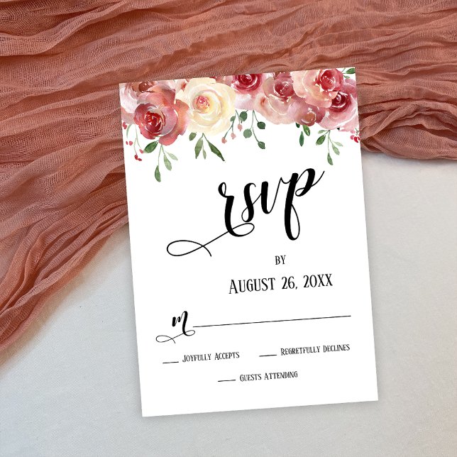 Burgundy & Blush Roses, Wedding Script RSVP Card (Creator Uploaded)