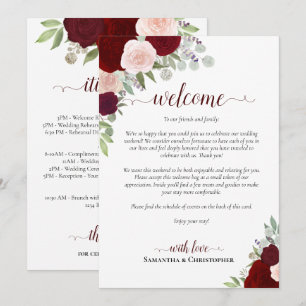 Burgundy Blush Roses Wedding Welcome & Itinerary Programme