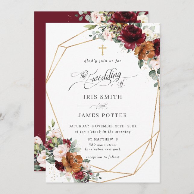 Burgundy Blush Rust Orange Floral Church Wedding   Invitation (Front/Back)