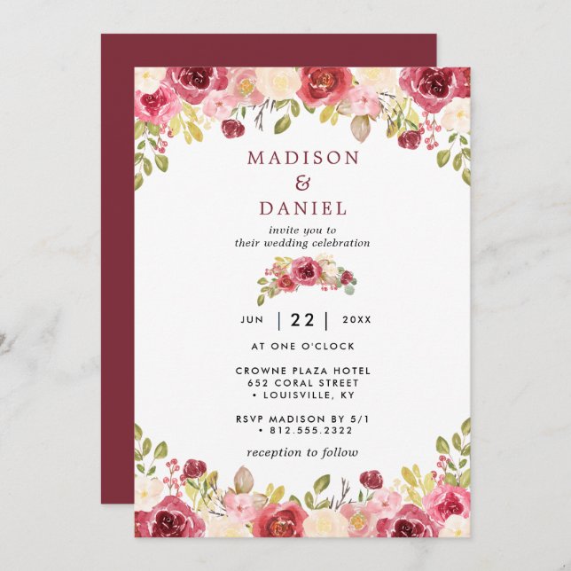 Burgundy Blush Rustic Floral Wedding Invitation (Front/Back)
