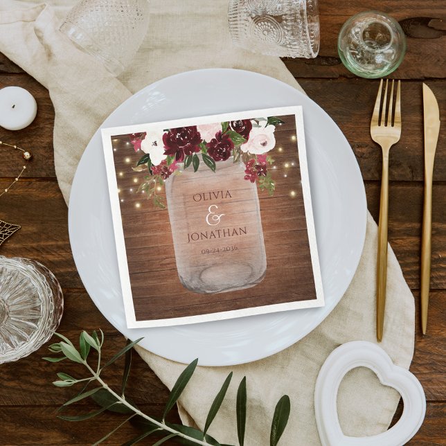 Burgundy Blush Rustic Mason Jar Wedding Napkins (Creator Uploaded)