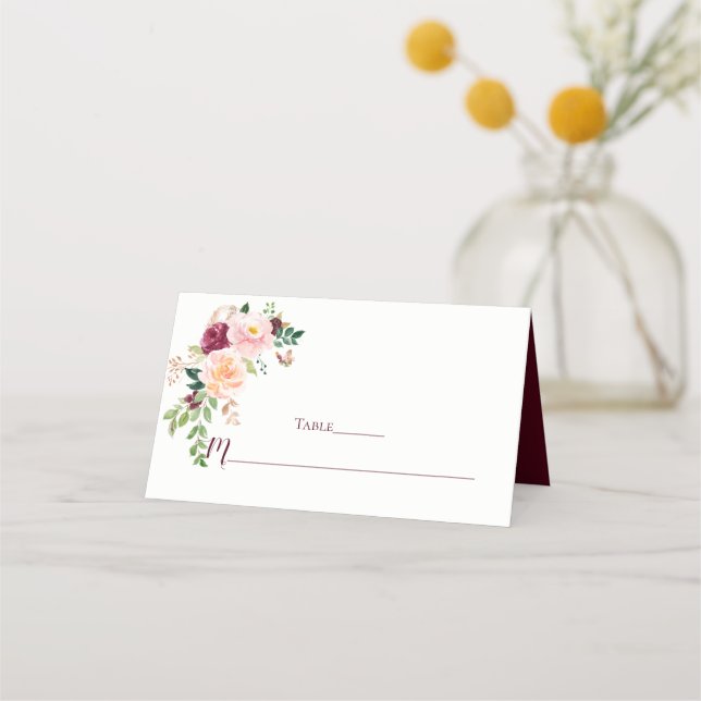 Burgundy Blush Saffron Floral Bouquet Place Cards (Front)