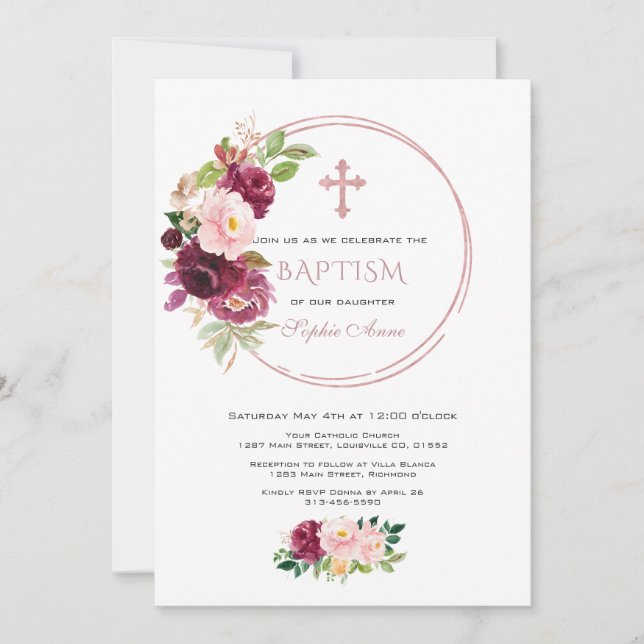 Burgundy Blush Saffron Floral Rose Gold Baptism Invitation (Front)