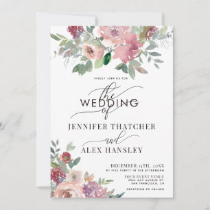 Burgundy Blush Script Floral QR Code Wedding Invitation