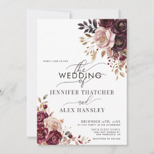 Burgundy Blush Script Floral QR Code Wedding Invitation